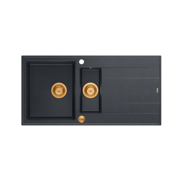 Chiuveta EVAN 156 GraniteQ cu sifon Push To Open 1,5 vas fara (1000x500x210; unitate 420x480) diamant negru / elemente din cupru