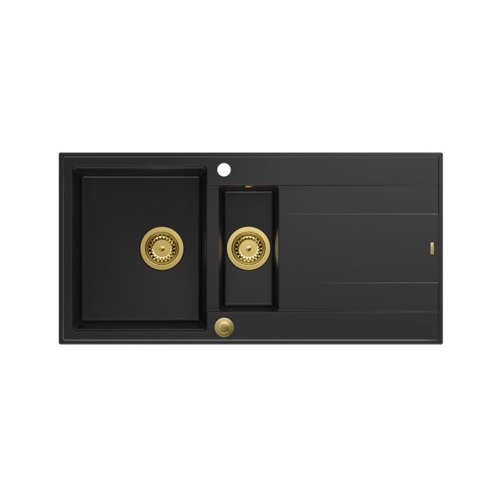 Chiuveta EVAN 156 GraniteQ cu sifon Push To Open 1,5 vase fara (1000x500x210; celula. 420x480) elemente din carbon pur/aur