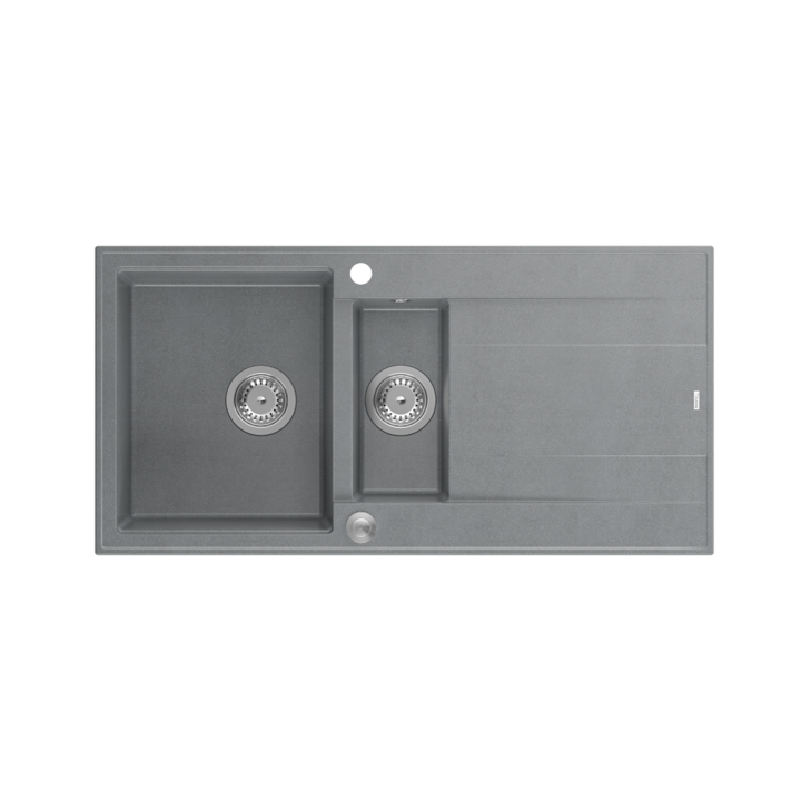 Chiuveta EVAN 156 GraniteQ cu sifon Push To Open 1,5 vas fara (1000x500x210; unitate 420x480) piatra argintie / elemente din otel