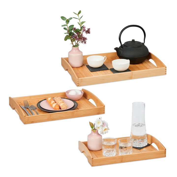 Set 3 tavi servire, marimi diferite, din bambus, natur