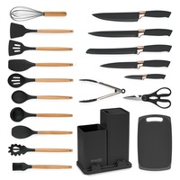 Set ustensile bucatarie 19 piese marime mare XL 1850g, Lemn si Silicon alimentar, Cutite, Tocator, Termorezistente, Antiaderente, Suport Blat, Onuvio™ Fiona - Negru