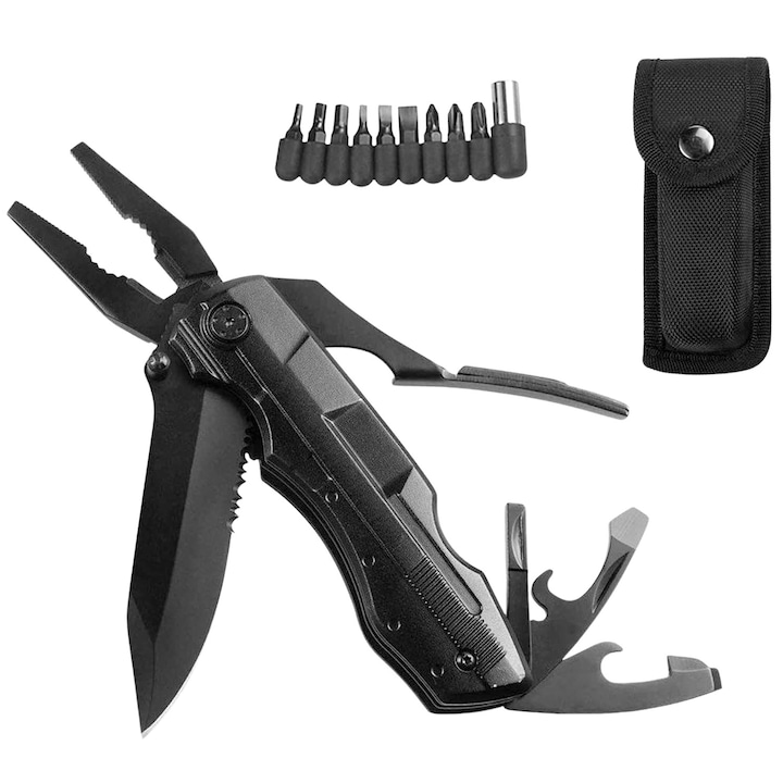 Briceag multifunctional DEPOX®, Outdoor Comando, otel inoxidabil, 17 functii, 24 cm, negru, husa inclusa