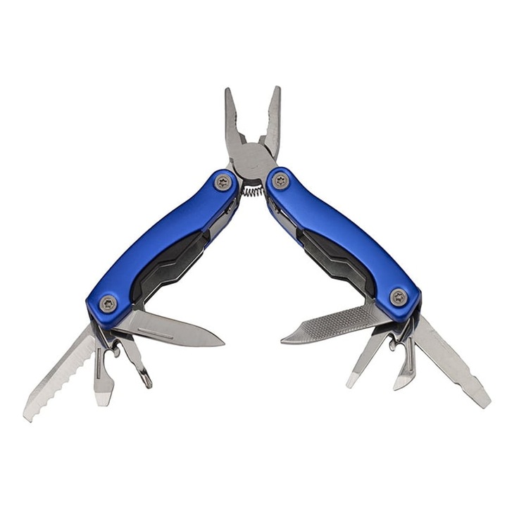 Mini cleste multifunctional, Survival Instict, otel inoxidabil, 9 functii, 14 cm, husa inclusa, albastru