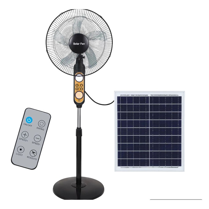 Ventilator solar cu suport pentru podea, lampa LED si lumina anti tantar si USB pt. incarcare telefon