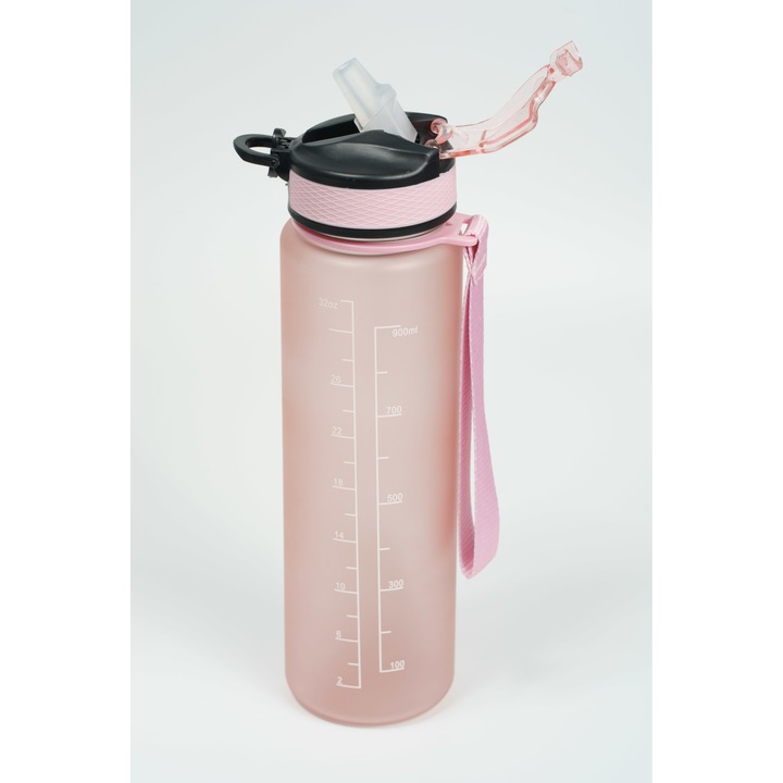 Motivációs vizes palack CeMaCo, újrahasznosítható, hordozható, könnyen hordozható, szívószállal és automatikus nyitással, 1L, rózsaszínű