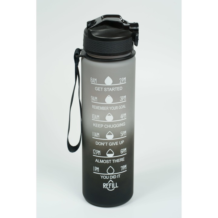 Мотивационна бутилка за вода CeMaCo, за многократна употреба, преносима, лесна за носене, със сламка и автоматично отваряне, 1L, бяло/черно