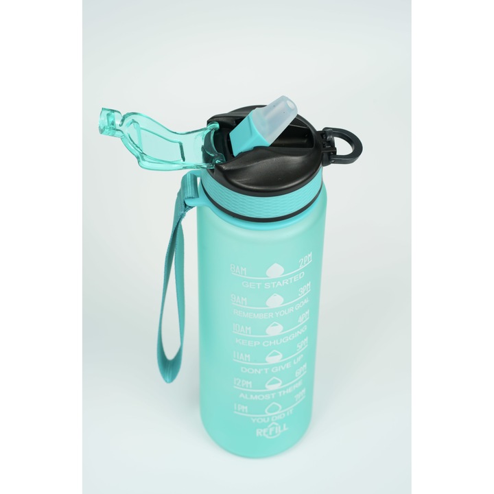 Motivációs vizes palack CeMaCo, újrahasznosítható, hordozható, könnyen hordozható, szívószállal és automatikus nyitással, 1L, türkiz színű