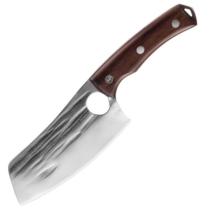 Cutit de bucatarie autentic Japonez, tip Full Tang, lucrat manual, ideal pentru taiat, dezosat sau filetat, antiaderent, foarte rezistent, lama ascutita de 12.7 cm, calitate standard X50CrMoV15, maner din lemn monzo, teaca de piele inclusa, Maro