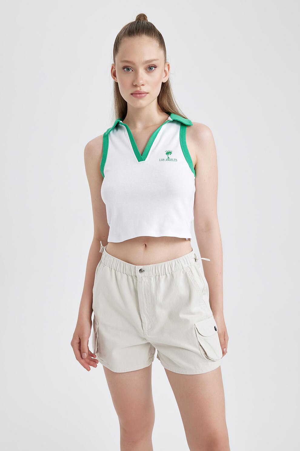 DeFacto, Top polo crop, Verde, Alb, S - eMAG.ro