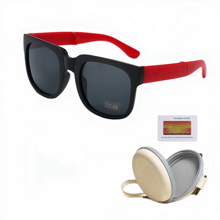 Ochelari de soare copii, Polarizati, UV400, Lentila HD, Cu Carcasa Antisoc si Test Polarizati, Negru/Rosu