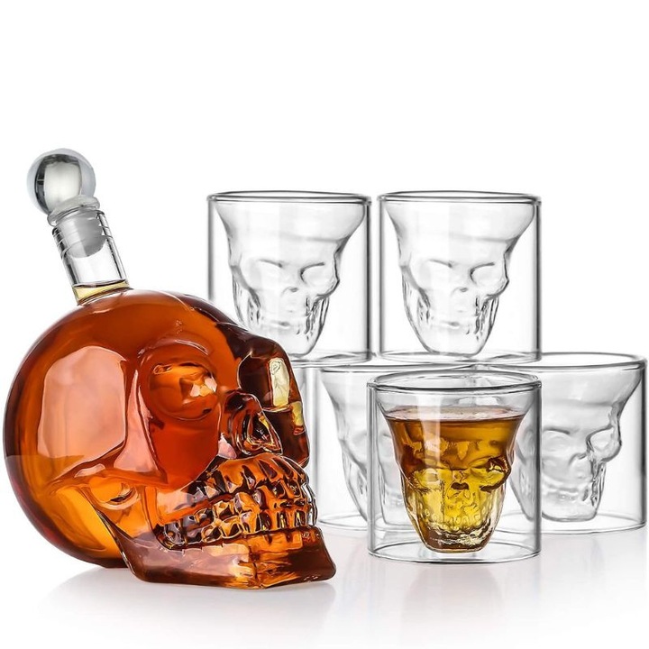 Set decantor design Craniu, 6 pahare in forma de craniu, 75ml, accesorii incluse, palnie, dop, 1000 ml