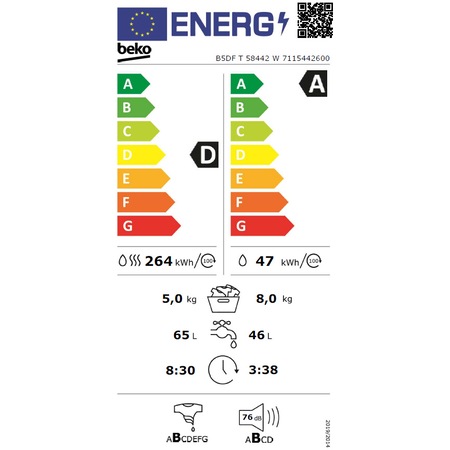 Masina de spalat rufe cu uscator Beko B5DFT58442W, Spalare 8 kg, Uscare 6 kg, 1400 rpm, Clasa D, Motor ProSmart Inverter, AddXtra, SteamCure, HomeWhiz, Alb