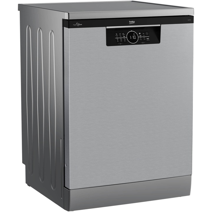 Masina de spalat vase Beko BDFN26530X, 15 seturi, 6 programe, HygieneIntense, SteamGloss, Time Delay, Half Load, Child lock, AutoDoor Opening, Clasa D, 60 cm, Pearl Inox