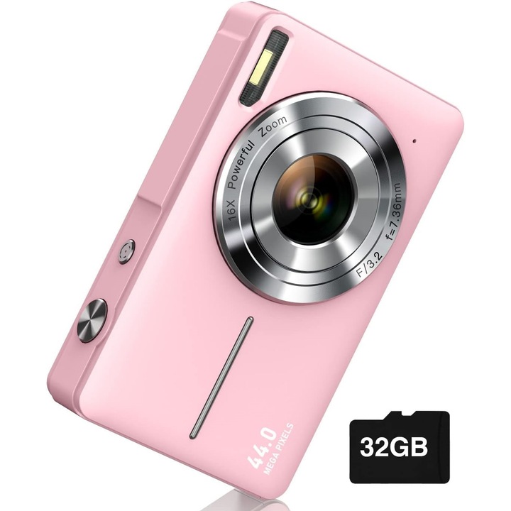 Set aparat foto digital si card SD 32GB, 4K, 44MP, EXCITAT®, buzunar cu zoom 16X, roz