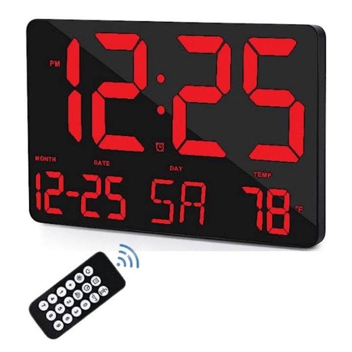 Цифров настолен и стенен часовник, Червена LED светлина, Календар, Температура, Аларма, Термометър, Функция за отлагане, Регулируема яркост, 25x16 см