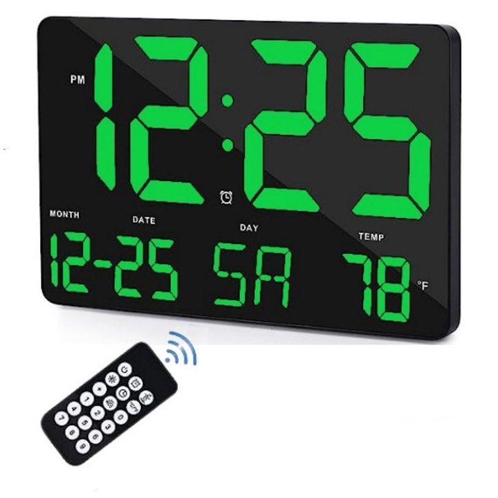 Ceas Digital de Masa si Perete 25x16cm cu LED Verde, Calendar, Temperatura, Alarma, Snooze si Luminozitate Ajustabila pentru Birou si Casa