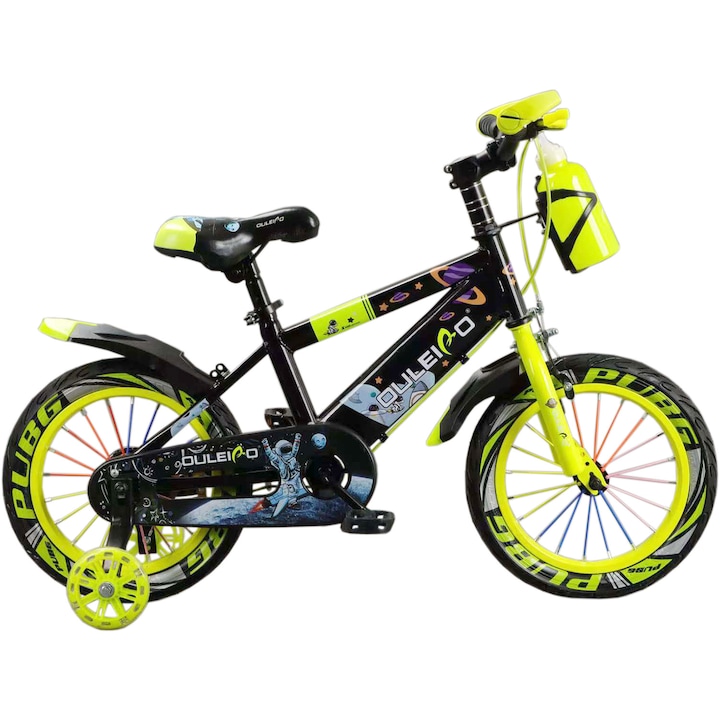 Bicicleta copii 3-5 ani cu roti ajutatoare si bidon pentru apa in suport Kiddo, 12 inch, verde neon