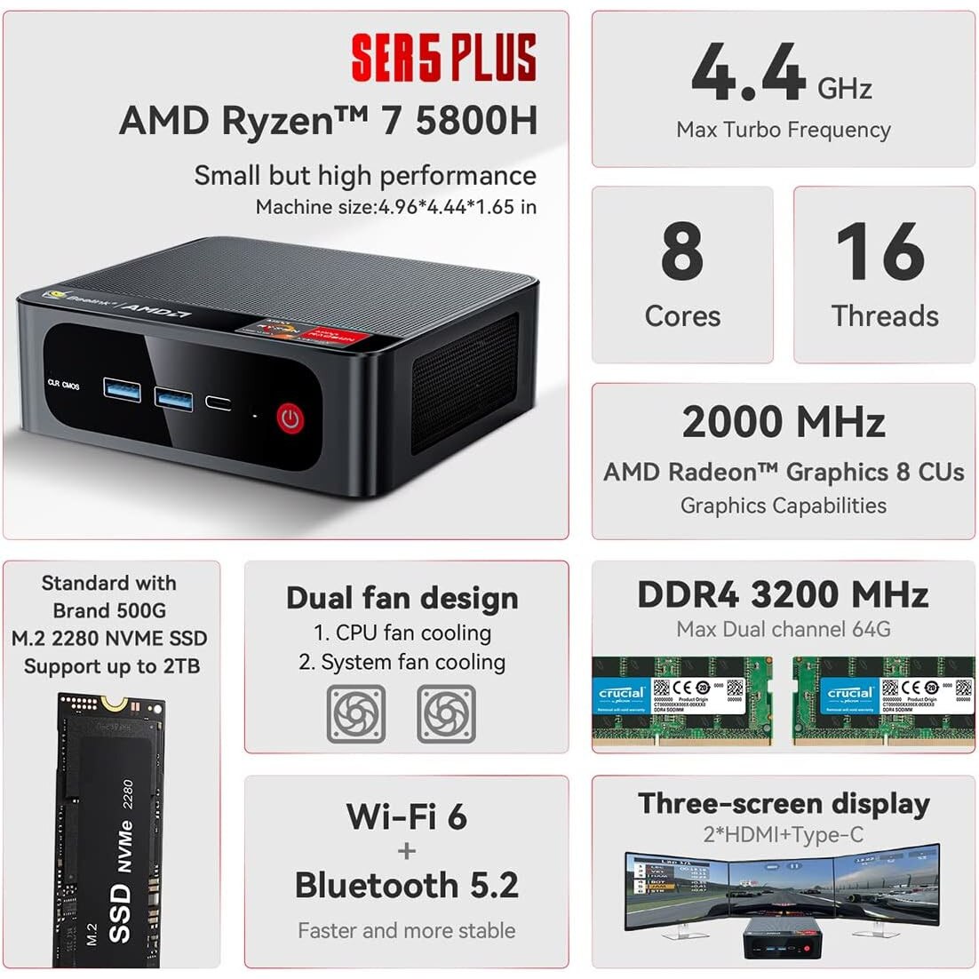 Beelink SER5 Mini PC, AMD Ryzen 5 5560U 6 Core(Up to 4.0GHz), 16GB DDR4 RAM  500GB NVMe M.2 SSD, RX Vega7, Mini Desktop Computer for Home/Office/Gaming