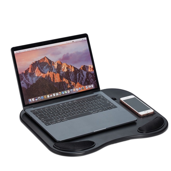 Suport de genunchi pentru laptop, cu suport pentru telefon mobil, ergonomic, negru, 5,5 x 44 x 32 cm