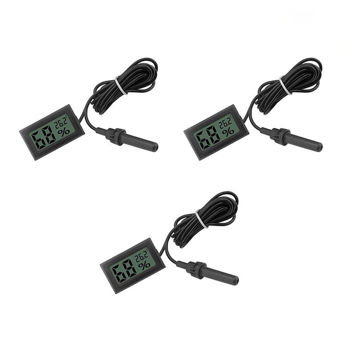 Set 3 termometru si higrometru digital, zggzerg, cu un senzor cu cablu, Baterll incluse, nterior/exterior, pentru Birou, Dormitor, Incubatoare, Brooders, de culoare negru