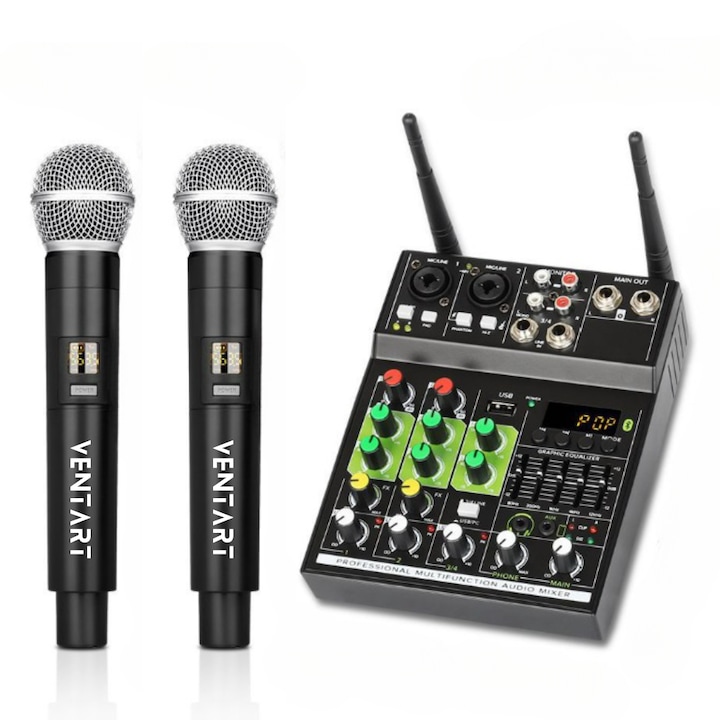 Mixer Audio profesional, Multifunctional cu 2 Microfoane wireless VENTART, 4 canale, Bluetooth, USB, Placa de sunet, Conectare computer, Compact, Negru