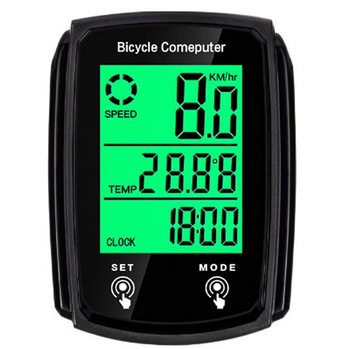 Vitezometru digital pentru bicicleta, Vaxiuja, Afisaj LCD, 19 functii, 6x4.5x2cm, rezistent la apa, Iluminare ecran, Functie de memorie, potrivit pentru dimineata si seara, Negru