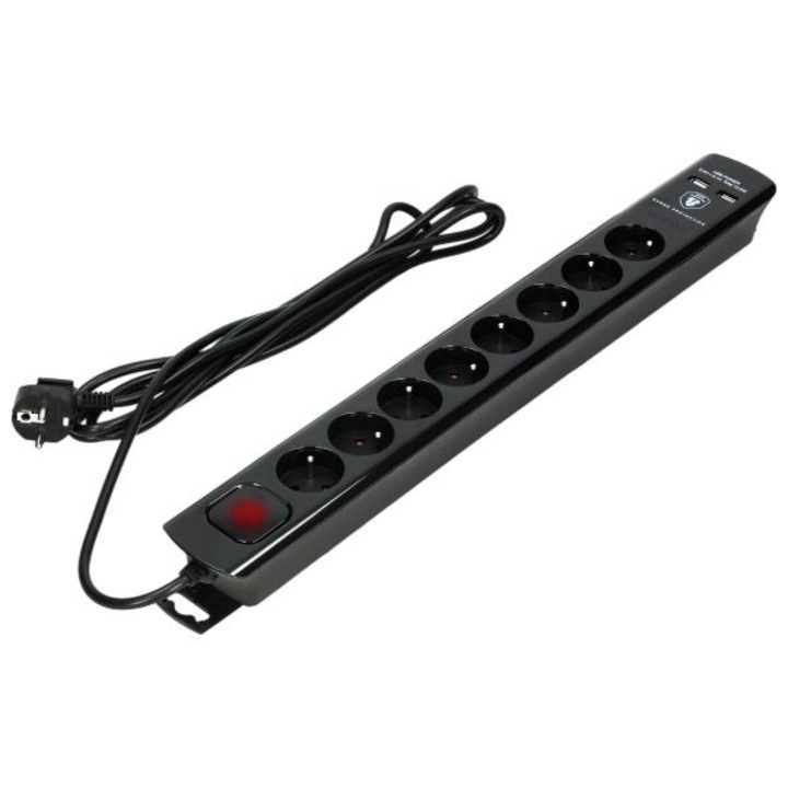 Удължител, ORNO, 8 гнезда, 2x USB, 3м, черен