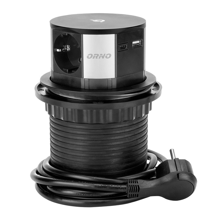 Мебелен контакт, ORNO, USB, 1.5m, 3x2P+Z, 10W, 2xUSB, черен
