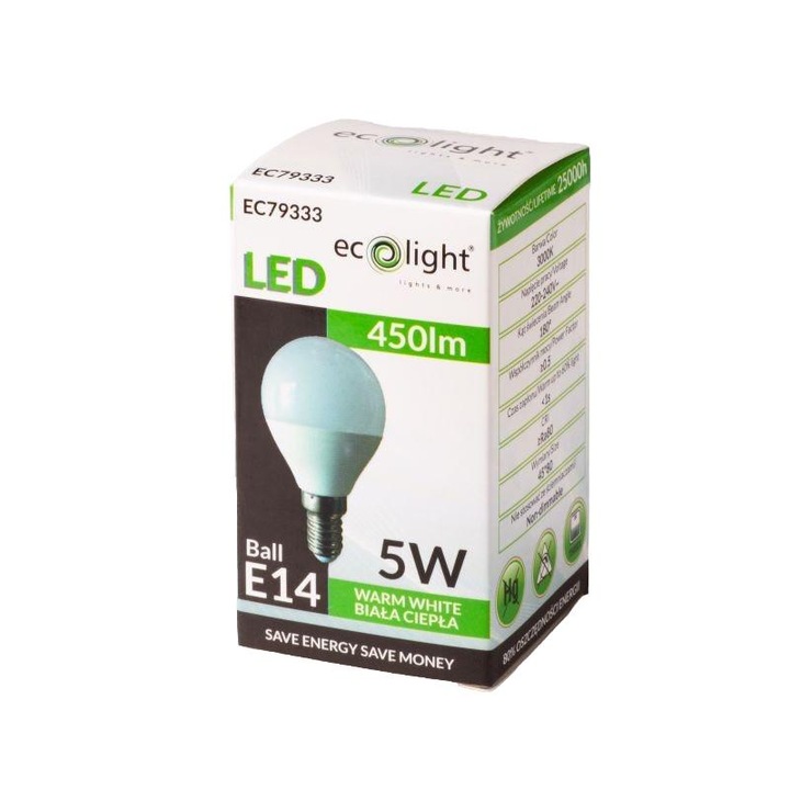 Комплект 5 LED крушки E14 5W 3000K, топла светлина, 450 lm, 25 000 ч, 45x80mm