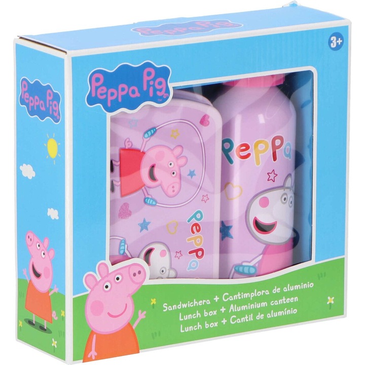 Set cutie sandwich si sticla apa din aluminiu 500ml Peppa Pig Mov