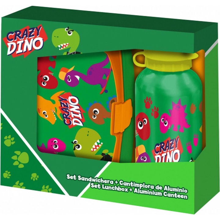 BPA-mentes műanyag szendvicsdoboz szett és alumínium kulacs, 400 ml, többszínű, Crazy Dino