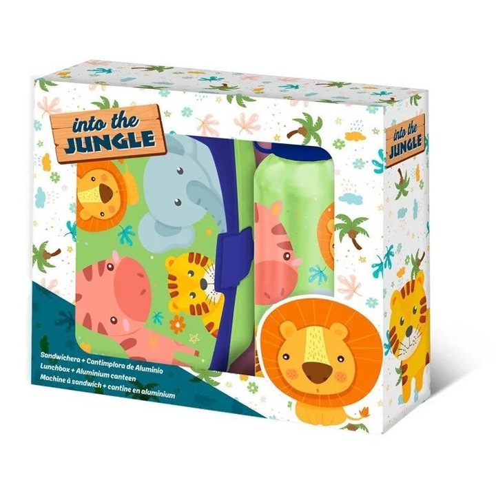 Disney BPA-mentes műanyag szendvicsdoboz szett és alumínium kulacs, 400 ml, többszínű, Into the Jungle