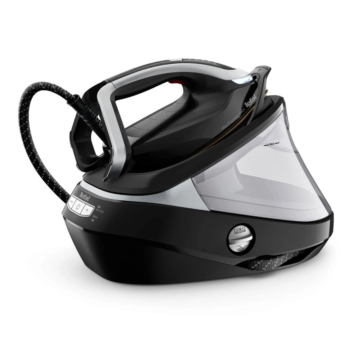 Statie de calcat de inalta presiune Pro Express Vision Tefal GV9821E0, Smart LED Vision, 3000 W, 180 g/min, 9 bari, 800 g/min, tehnologie Smart Steam, tehnologia silentioasa, colector calcar, negru & argintiu