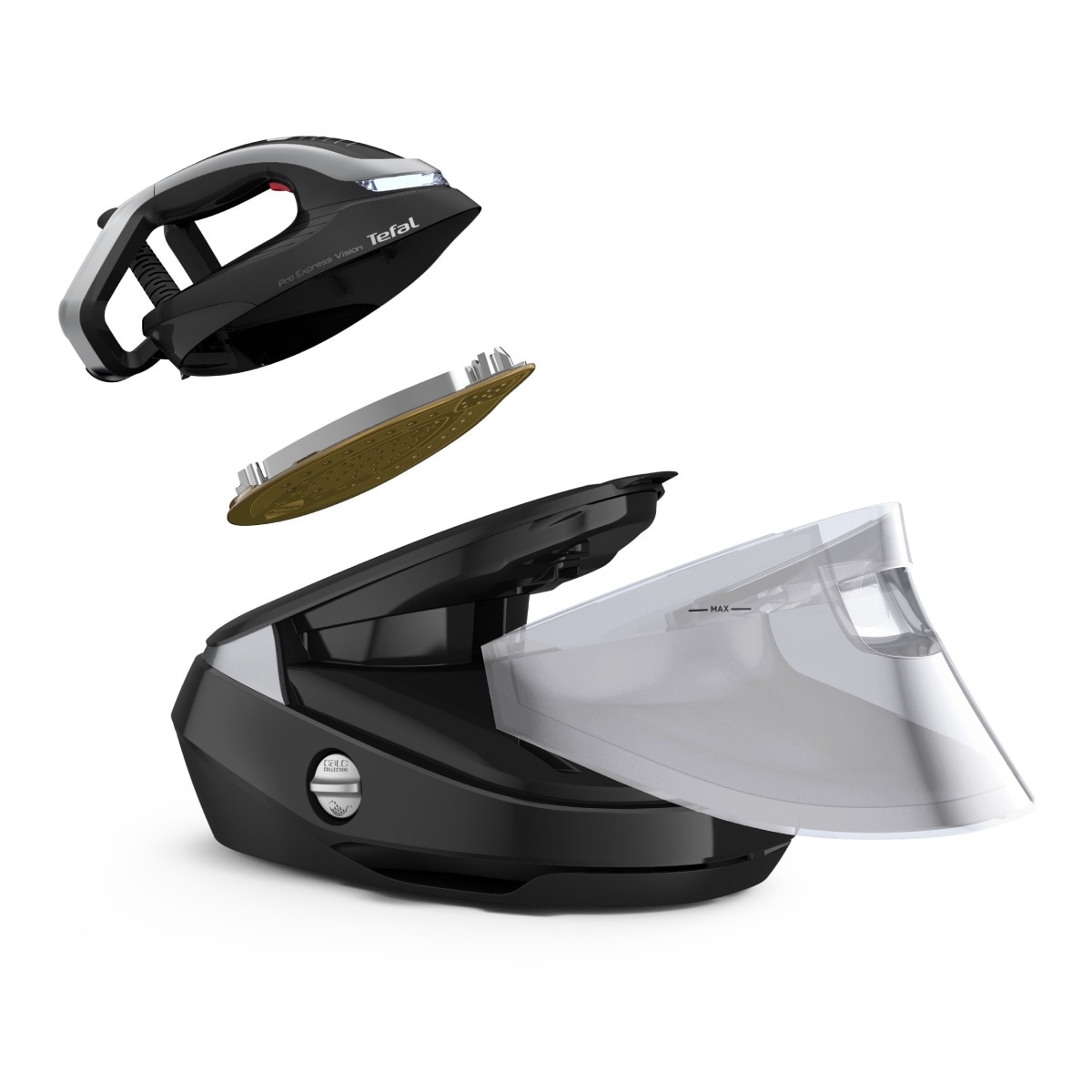 Statie de calcat de inalta presiune Pro Express Vision Tefal GV9821E0, Smart LED Vision, 3000 W, 180 g/min, 9 bari, 800 g/min, tehnologie Smart Steam, tehnologia silentioasa, colector calcar, negru & argintiu