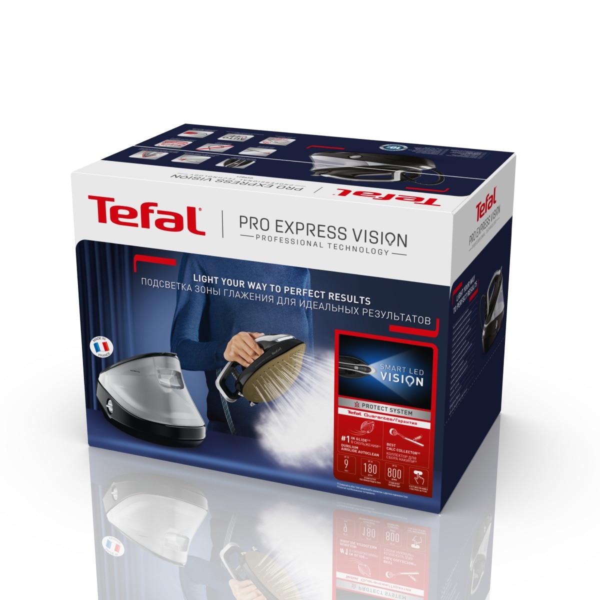 Statie de calcat de inalta presiune Pro Express Vision Tefal GV9821E0, Smart LED Vision, 3000 W, 180 g/min, 9 bari, 800 g/min, tehnologie Smart Steam, tehnologia silentioasa, colector calcar, negru & argintiu