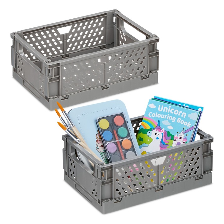 Cutie depozitare si organizare, cu manere, 2 bucati, 10 x 25 x 16,5 cm, gri