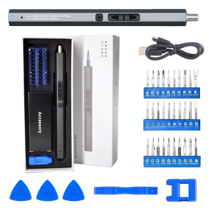 Комплект електрически прецизни винтоверти 37 в 1, батерия 320 mAh висока автономност, стоманени накрайници, магнетизатор, шпакловка, пълен комплект за електроника, домакински уреди, мебели, телефонен сервиз, цвят сив