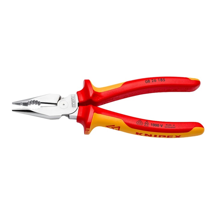 Cleste patent combinat VDE, Knipex, cromat, cu varf ascutit si manere multicomponent 185 mm