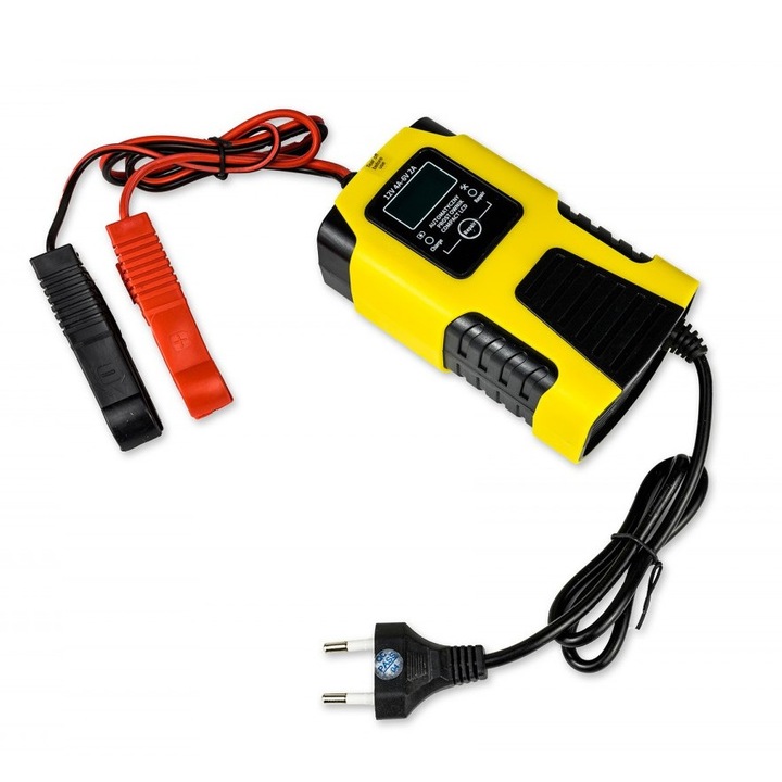 Autós akkumulátortöltő, Volt, Automata LCD-vel, 6V 2A/12V 4A, Kompakt, Fekete/sárga