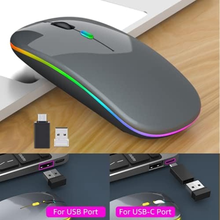Vezeték nélküli LED egér, újratölthető, ergonomikus, fekete, USB-C