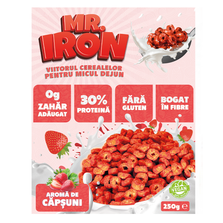 Cereale cu 30% Proteina, Vegane, Indulcite Natural, cu Carbohidrati Redusi, Fara Zahar si Fara Gluten - Aroma de Capsuni 250G