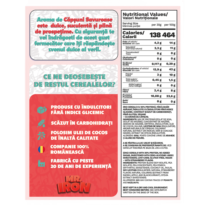 Cereale cu 30% Proteina, Vegane, Indulcite Natural, cu Carbohidrati Redusi, Fara Zahar si Fara Gluten - Aroma de Capsuni 250G