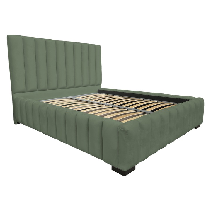 Pat tapitat James Luxury, cu lada de depozitare si somiera rabatabila, verde maslin, F11, 180x200 cm