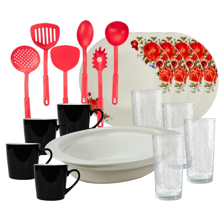 Сервиз за маса, 4 души, 19 части, чаша 410 мл, удължена чиния, термос, кухненски прибори, стъклени чаши, порцелан, декориран с червени рози