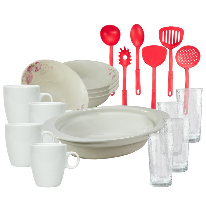 Serviciu de masa, 4 persoane, 19 piese, cana 210 ml, bol, tava termo, ustensile bucatarie, pahare sticla, Portelan decorat cu Orhidee