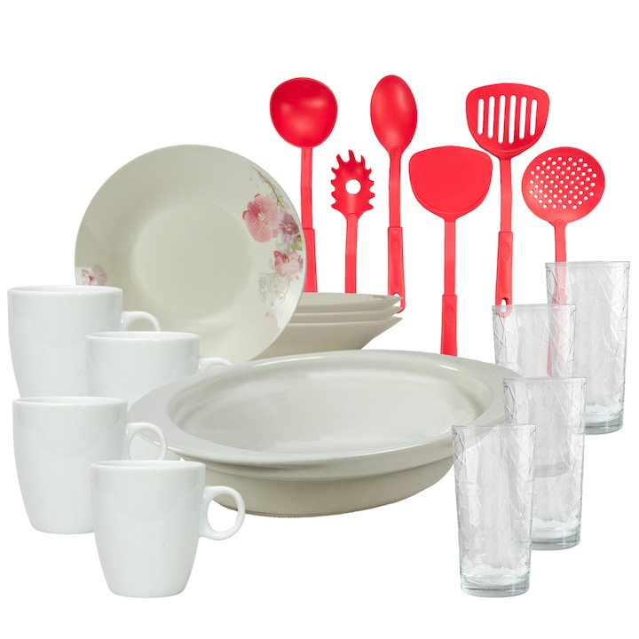 Serviciu de masa, 4 persoane, 19 piese, cana 210 ml, farfurie adanca, tava termo, ustensile bucatarie, pahare sticla, Portelan decorat cu Orhidee