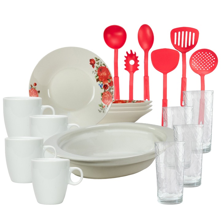 Serviciu de masa, 4 persoane, 19 piese, cana 210 ml, farfurie adanca, tava termo, ustensile bucatarie, pahare sticla, Portelan decorat cu Trandafiri rosii