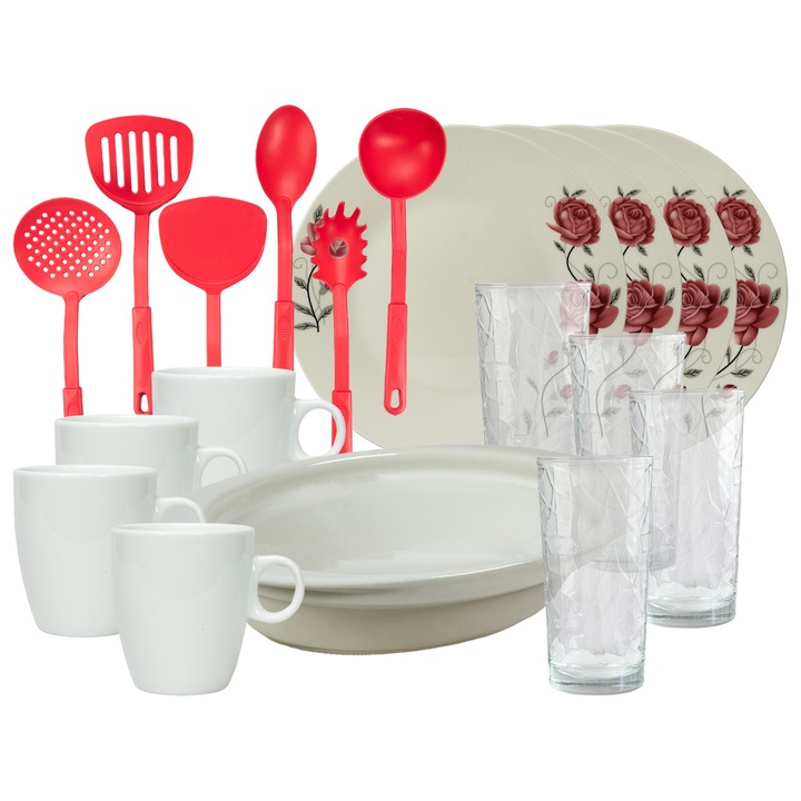 Serviciu de masa, 4 persoane, 19 piese, cana 210 ml, farfurie intinsa, tava termo, ustensile bucatarie, pahare sticla, Portelan decorat cu Trandafiri roz