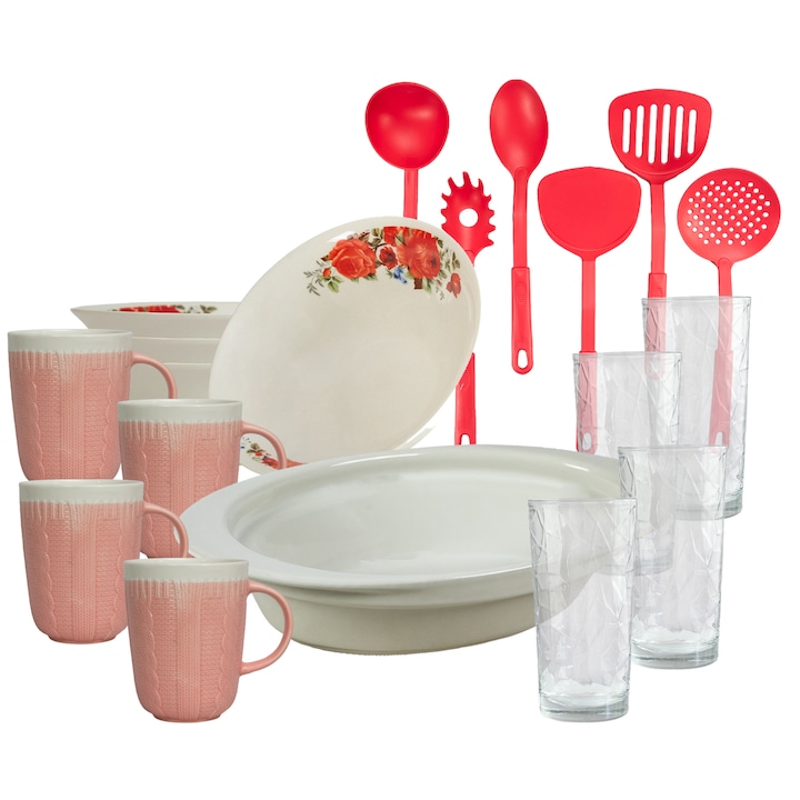 Serviciu de masa, 4 persoane, 19 piese, cana 320 ml, bol, tava termo, ustensile bucatarie, pahare sticla, Portelan decorat cu Trandafiri rosii