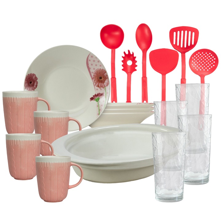 Serviciu de masa, 4 persoane, 19 piese, cana 320 ml, farfurie adanca, tava termo, ustensile bucatarie, pahare sticla, Portelan decorat cu Margareta